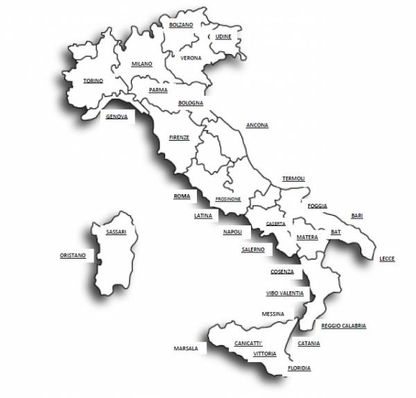 Le sedi: Messina-Catania -Palermo - Agrigento - Trapani - Ragusa - caltanissetta - Cosenza - Crotone - Catanzaro -Vibo - Reggio Calabria -Salerno - Avellino - Napoli - Caserta-Matera -Campobasso - Roma - Latina - Frosinone - Viterbo - Genova -Torino - Milano- Brescia-Lodi -Como - Monza-Verona - Udine - Bologna - Reggio Emilia-Perugia-Bari - Taranto - Foggia - Brindisi
